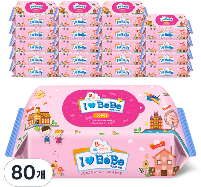 아이러브베베 핑크 물티슈 리필형, 100매, 80개
