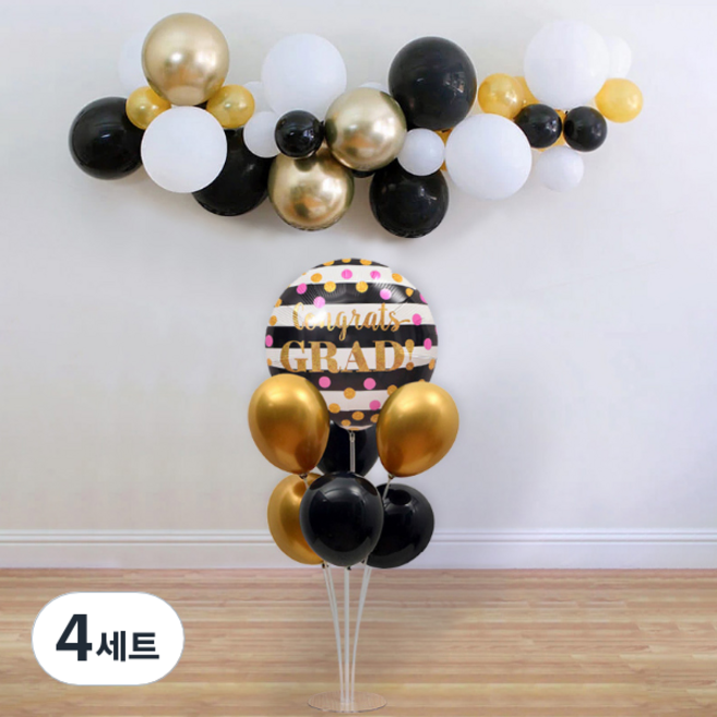와우파티코리아 졸업 풍선꽂이 + 스트라이프 라운드 블랙, 골드블랙(졸업 풍선), 4세트