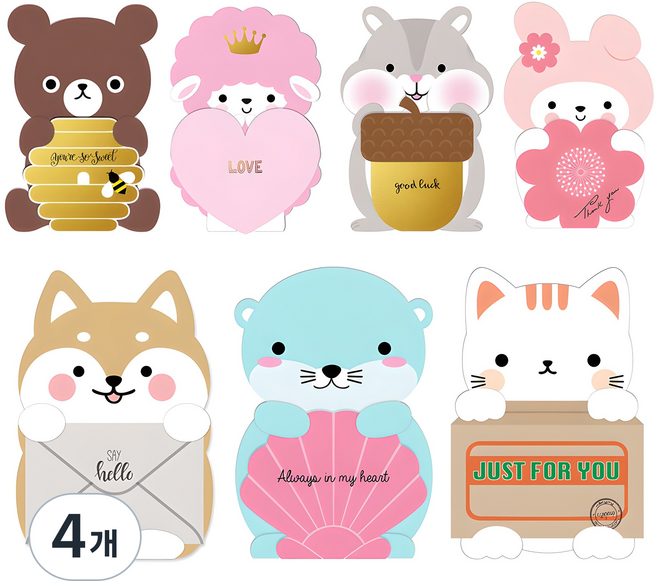 MAUMDAMA 凱利動物可折疊明信片卡片 7入 + 彩色信封 7入 套組, 混合色, 4個
