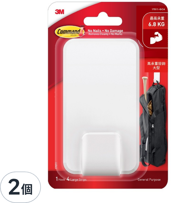 3M Command 無痕 高承重大型掛鉤, 白色, 2個