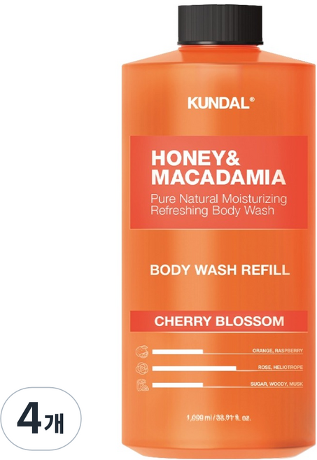 쿤달 허니 앤 마카다미아 퓨어 바디워시 체리블라썸향, 1L, 4개