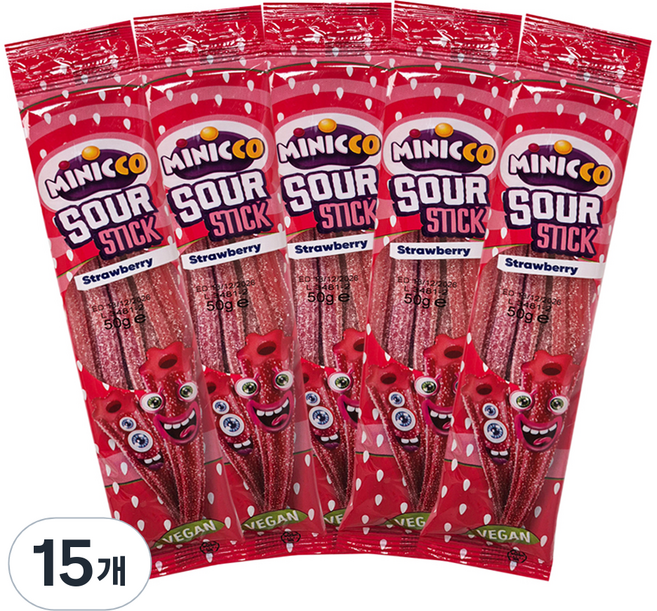 Minikko 純素酸味長條軟糖 草莓口味, 15個, 50g