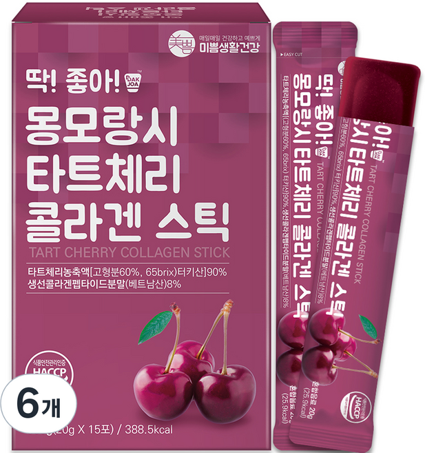 미쁨생활건강 딱 좋아 몽모랑시 타트체리 콜라겐 젤리 스틱 15p, 300g, 6개