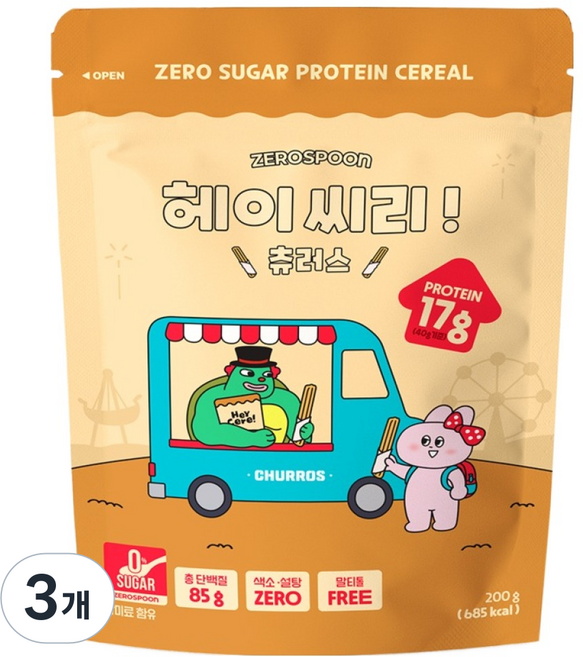 제로스푼 헤이씨리 무설탕 프로틴 그래놀라 츄러스 시리얼, 200g, 3개