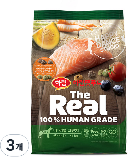하림펫푸드 더리얼 크런치 시니어 강아지사료, 연어, 1kg, 3개