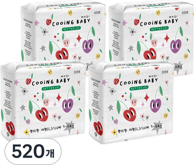 Cooing 베러업 팬티 기저귀, 대형(L), 520매