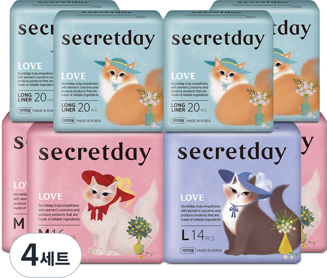 시크릿데이 러브 생리대 날개형 중형 16p x 3팩 + 대형 14p x 1팩 + 롱 팬티라이너 20p x 4팩, 4세트