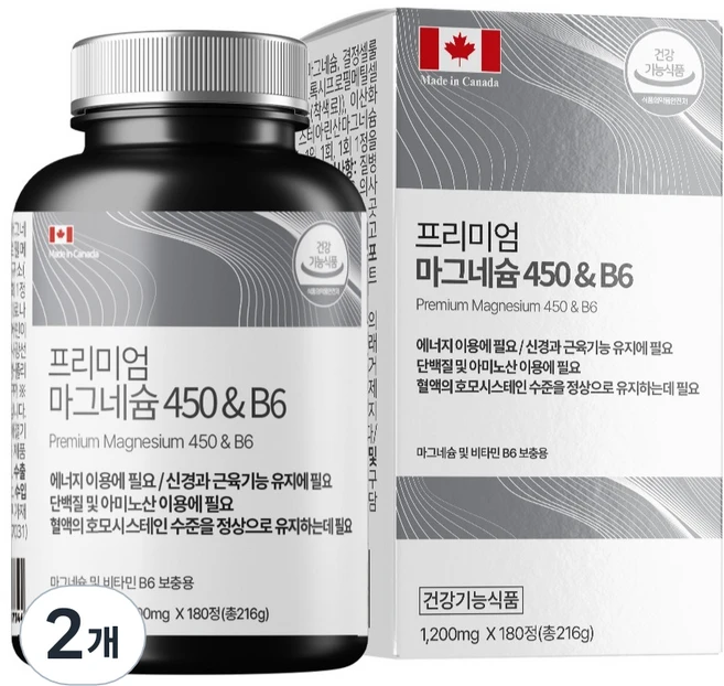프리미엄 고함량 마그네슘 영양제 450 비타민 B6 216g, 180정, 2개 - 쿠팡