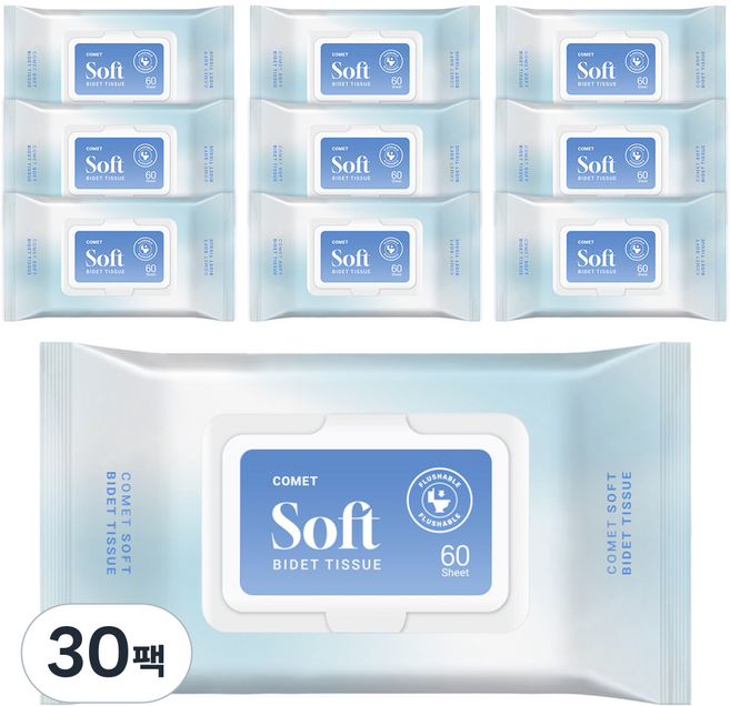 코멧 소프트 부드러운 비데티슈 캡형, 30팩, 60매, 55g