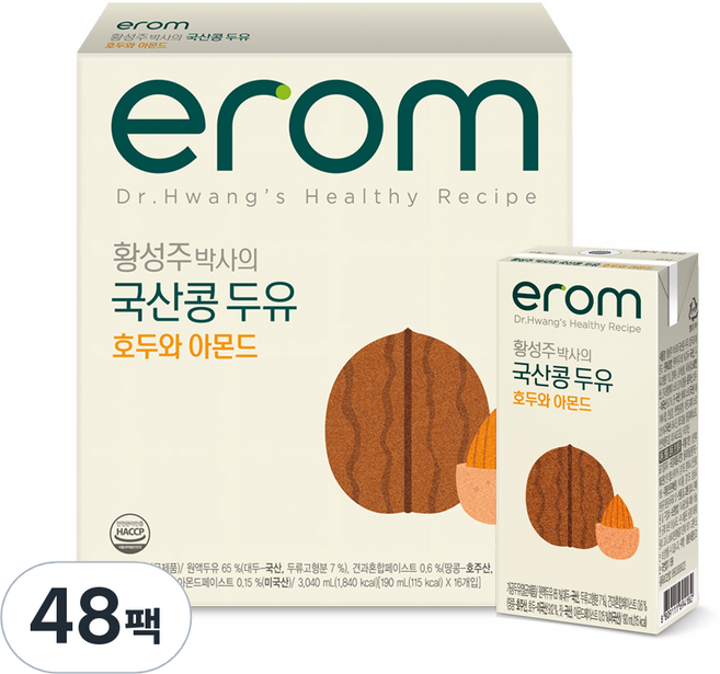 이롬 황성주박사의 국산콩 두유 호두와 아몬드, 190ml, 48개