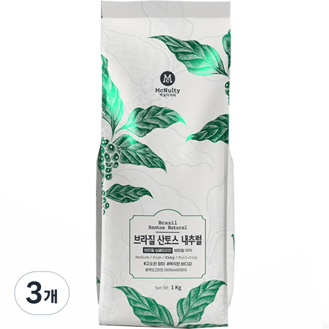 맥널티커피 브라질 산토스 내추럴 원두, 1kg, 3개