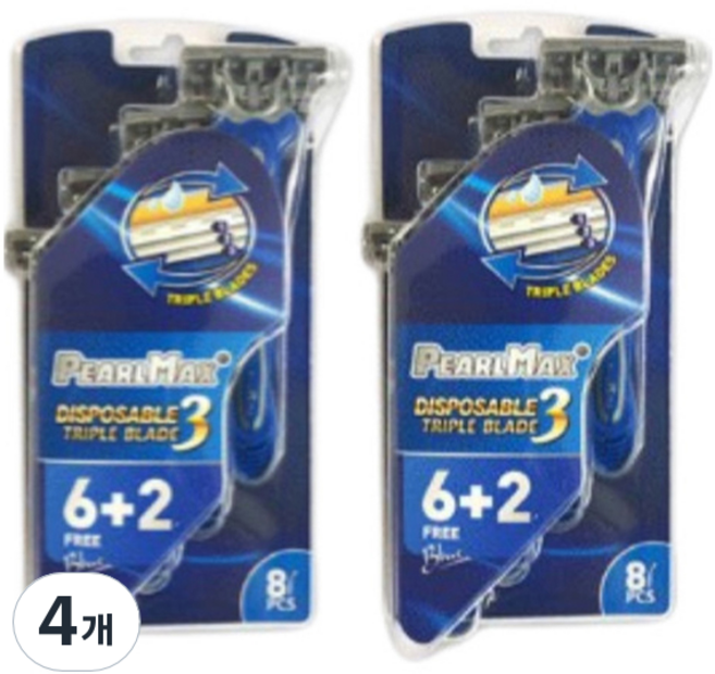 PearlMax 3단 블레이드 일회용면도기 블루, 4개, 8개입
