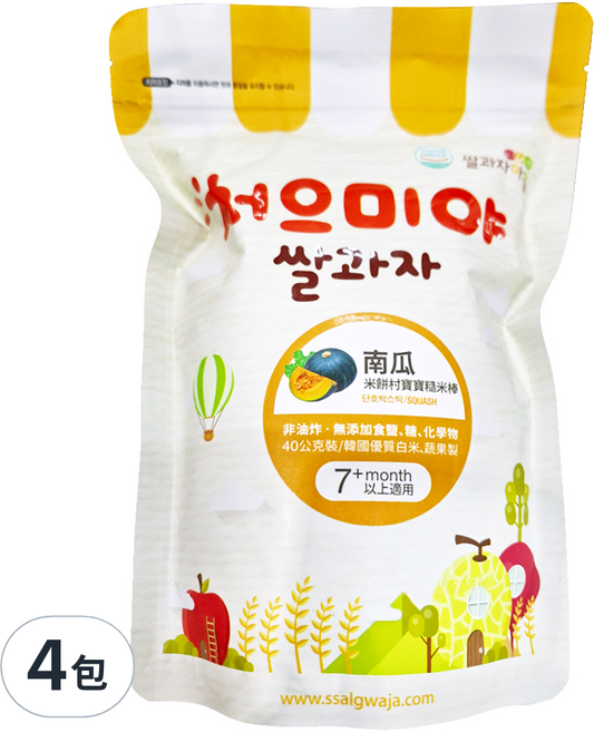 Ssalgwaja 米餅村 糙米棒 7個月以上適用, 南瓜, 40g, 4包