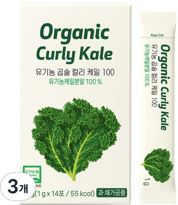 이롭 유기농 곱슬 컬리케일 100 분말 스틱, 14회분, 3개