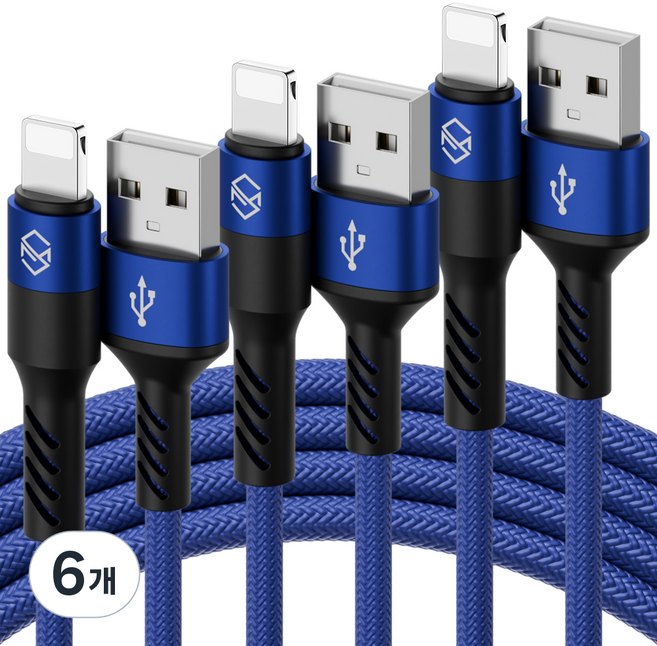 신지모루 로프 아이폰 고속충전 케이블, 3m, 블루, 6개