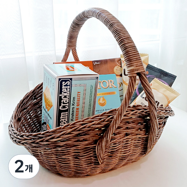 라탄샵 밀라노 손잡이 선물 피크닉 라탄 바구니 J070H, 브라운, 2개