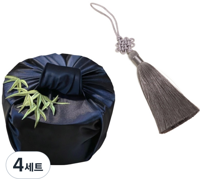 마메 고급 실크 보자기 + 노리개 세트, 네이비 + 그레이, 4세트