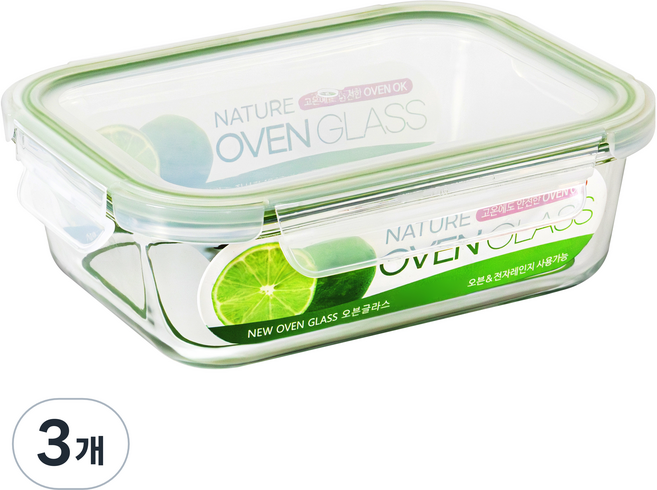 발룬피니 내열 강화유리 직사각 밀폐용기, 3개, 1520mL