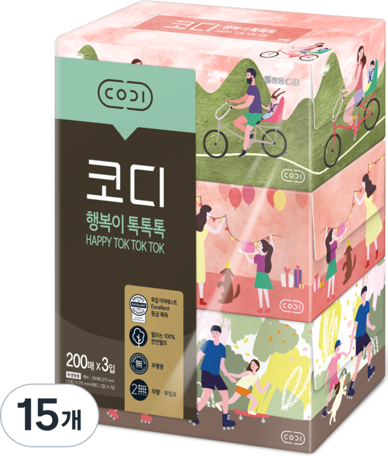 코디 행복이 톡톡톡 천연펄프 각티슈 2겹, 200매, 15개
