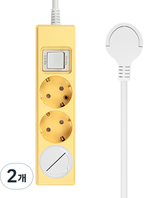 원스탑 제로갭 슬림 납작 절전 스위치 고용량 16A 멀티탭 3구 + 안전커버, 버터 옐로우(멀티탭), 2개, 2m