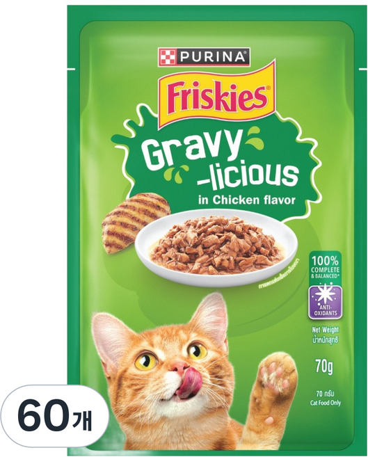 프리스키 고양이 퓨리나 그레이비 치킨 주식 습식 파우치, 닭, 70g, 60개