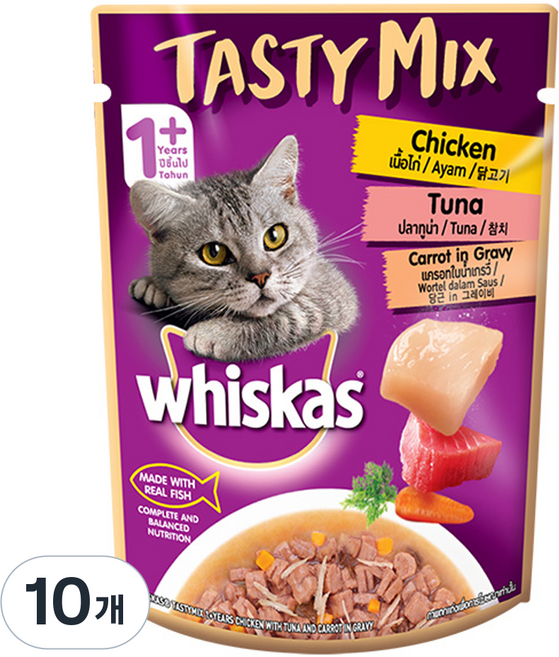 위스카스 어덜트 고양이 테이스티 믹스 습식사료, 닭+참치, 70g, 10개