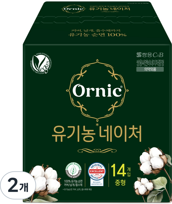 오닉 네이처 순면 생리대 날개형, 중형, 14개입, 2개
