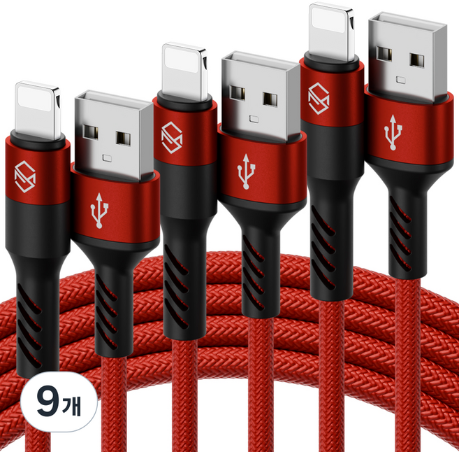 신지모루 로프 아이폰 고속충전 케이블, 3m, 레드, 9개