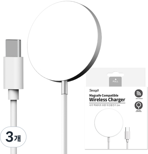 서가 맥세이프 아이폰 호환 15W 고속 무선충전기 1m, 화이트, 3개