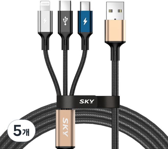 SKY 비트 27W 3IN1 케이블 USB A-C타입, 2m, 5개, 블랙