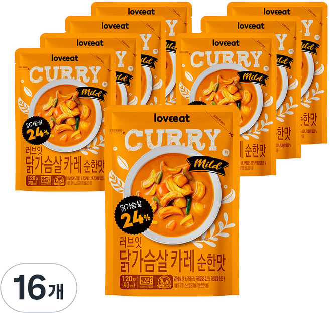 러브잇 닭가슴살 카레 순한맛, 120g, 16개