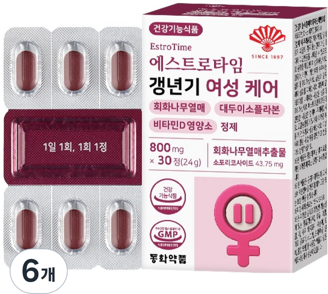 동화약품 에스트로타임 갱년기 여성 케어 회화나무열매 대두이소플라본 비타민D 영양제, 30정, 6개