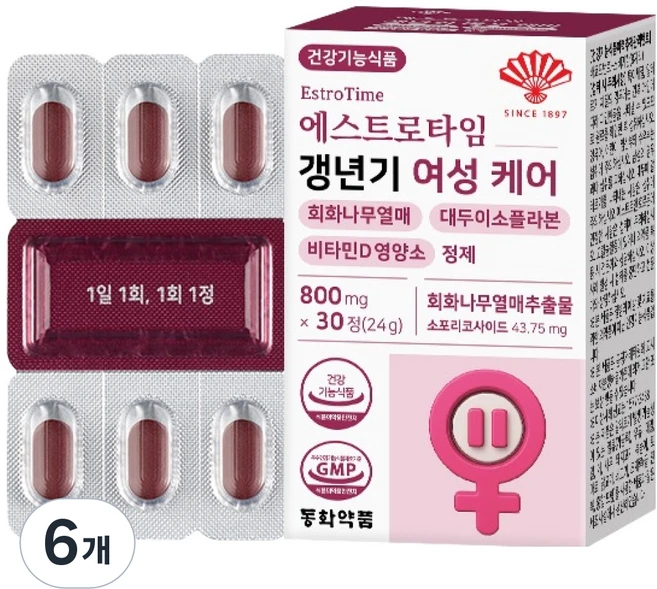 동화약품 에스트로타임 갱년기 여성 케어 회화나무열매 대두이소플라본 비타민D 영양제, 30정, 6개 - 쿠팡