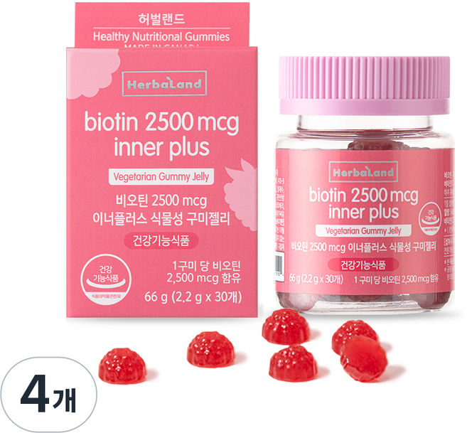 허벌랜드 비오틴 2500mcg 이너플러스 식물성 구미젤리, 66g, 4개