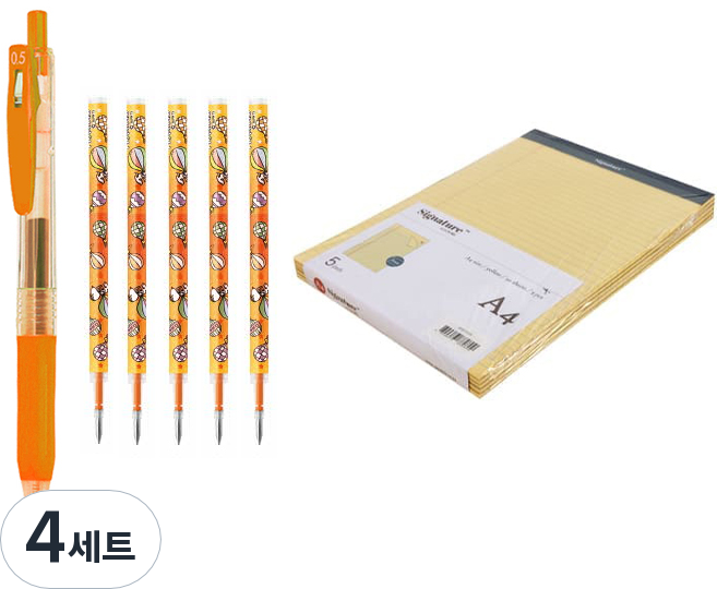절취 리갈패드 A4 5p + 스누피 젤잉크펜 + 전용 리필 5p 문구세트, 옐로우(패드), 오렌지(펜, 리필), 4세트