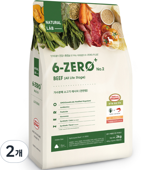 네츄럴랩 강아지 전연령 유기농 70% 6제로 PLUS 02 사료 소고기, 소, 2kg, 2개