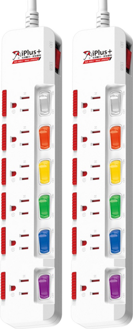 iPlus 保護傘 7切6座防塵旋轉扁插延長線, 1.2m, 白色, 2條