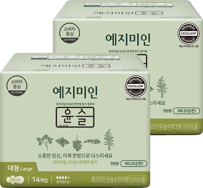 예지미인 윤슬 순한순면 생리대 날개형, 대형, 14개입, 2개