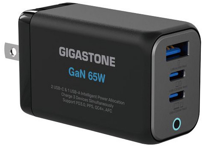 GIGASTONE 立達 65W GaN氮化鎵三孔USB-C快充充電器 支援iPhone16/筆電快充/MacBook充電頭 PD-7656, 黑色, 1個