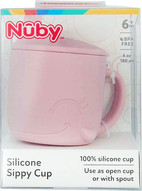 Nuby 矽膠兩用喝水杯 鯨魚粉 6個月以上, 180ml, 1個