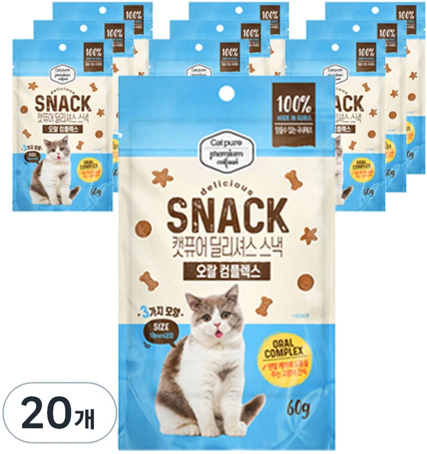 캣퓨어 고양이 딜리셔스 스낵, 20개, 60g, 오랄컴플렉스 - 쿠팡
