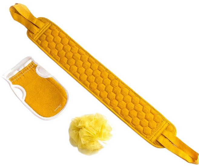 떼루와 목욕 샤워 각질제거 롱 때밀이 타올 + 때장갑 + 샤워볼 세트, 옐로우, 1세트