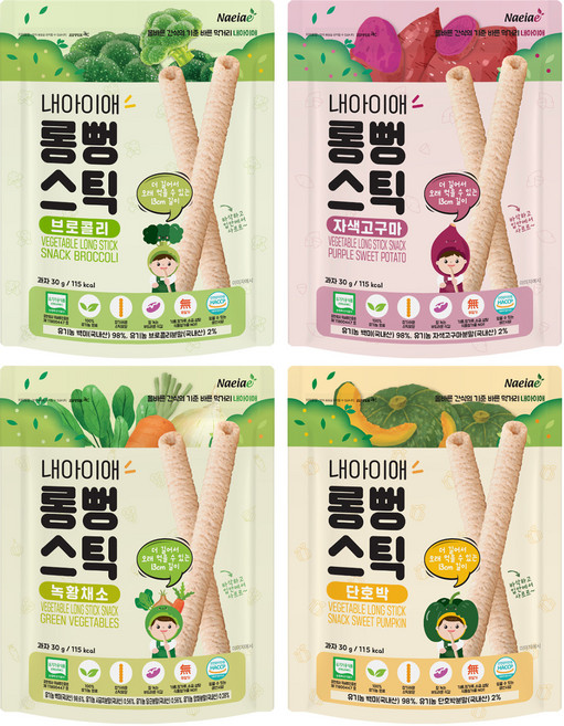 Naeiae 寶寶米棒組 韓國米、糙米和蔬果製成 低鈉 無糖 無鹽 純素 長條棒狀, 蔬菜口味 + 南瓜口味 + 紫薯口味 + 花椰菜口味, 30g, 4包
