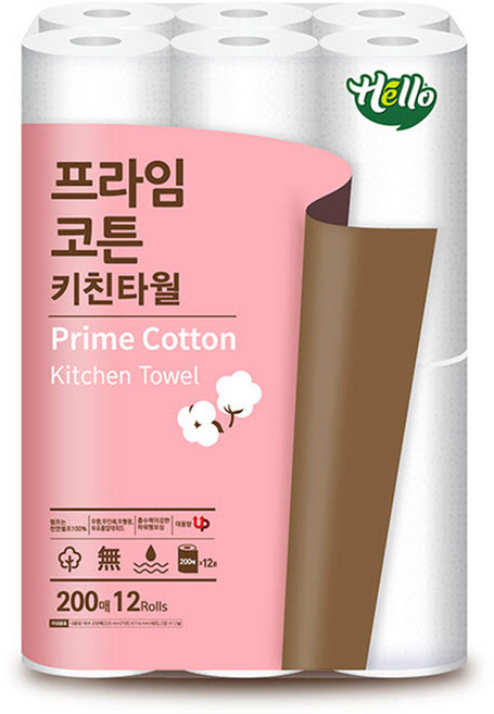 헬로 프라임코튼 천연펄프 키친타올, 220mm, 200매, 12개