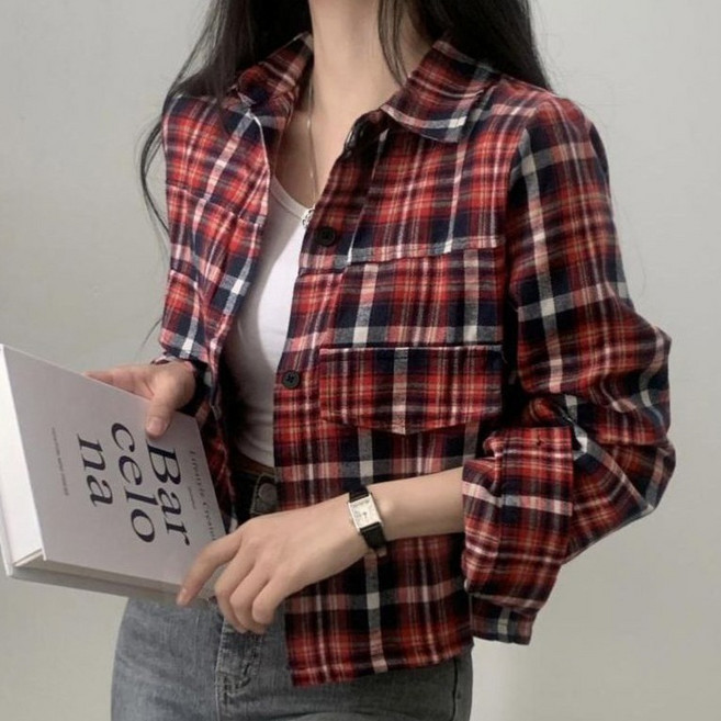 PEONIST 女款格紋翻領格紋圖案長袖襯衫