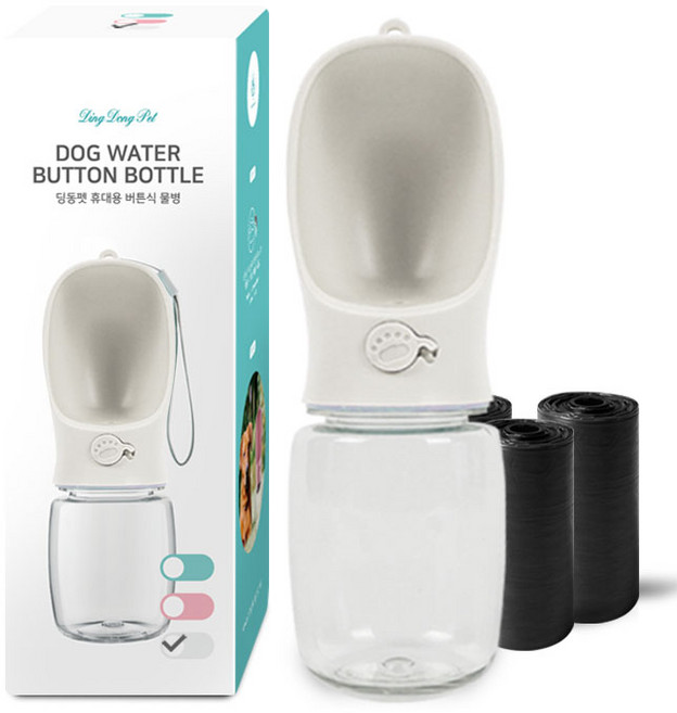 딩동펫 반려동물 휴대용 버튼식 물병 350ml + 풉백 3롤, 화이트, 1세트