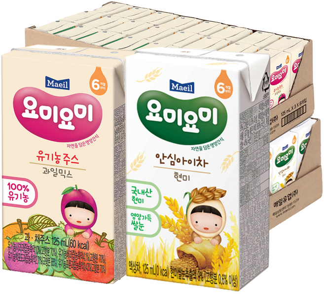 요미요미 유기농주스 과일믹스 125ml x 24p + 안심아이차 현미 125ml x 24p, 과일믹스, 현미, 1세트