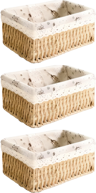 달빛마켓 내츄럴 수공예 직사각 수납 린넨 라탄바구니, 혼합색상, 3개