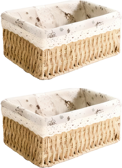 달빛마켓 내츄럴 수공예 직사각 수납 린넨 라탄바구니, 혼합색상, 2개