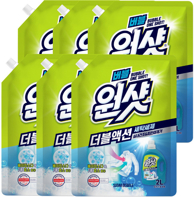 슈가버블 원샷 더블액션 액상세제 본품, 2L, 6개